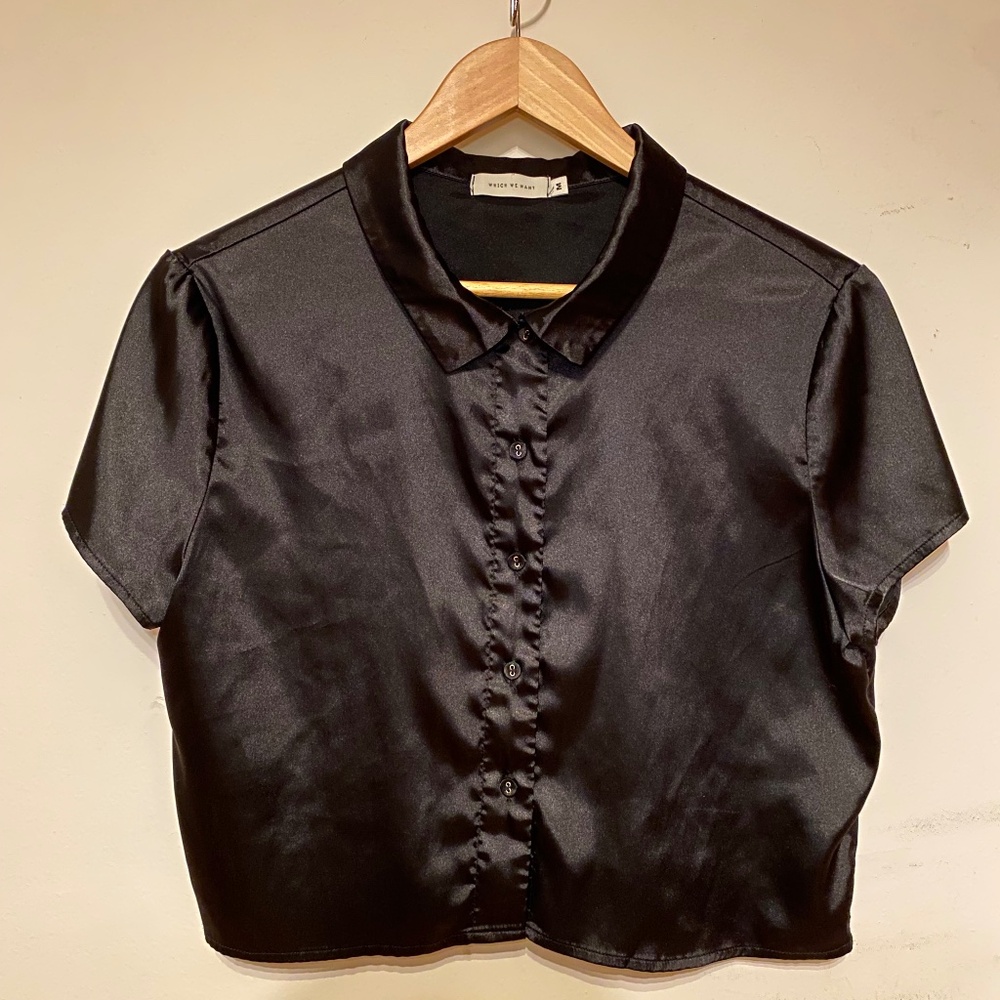 Which We Want Black Satin Short Sleeve Cropped Button Down